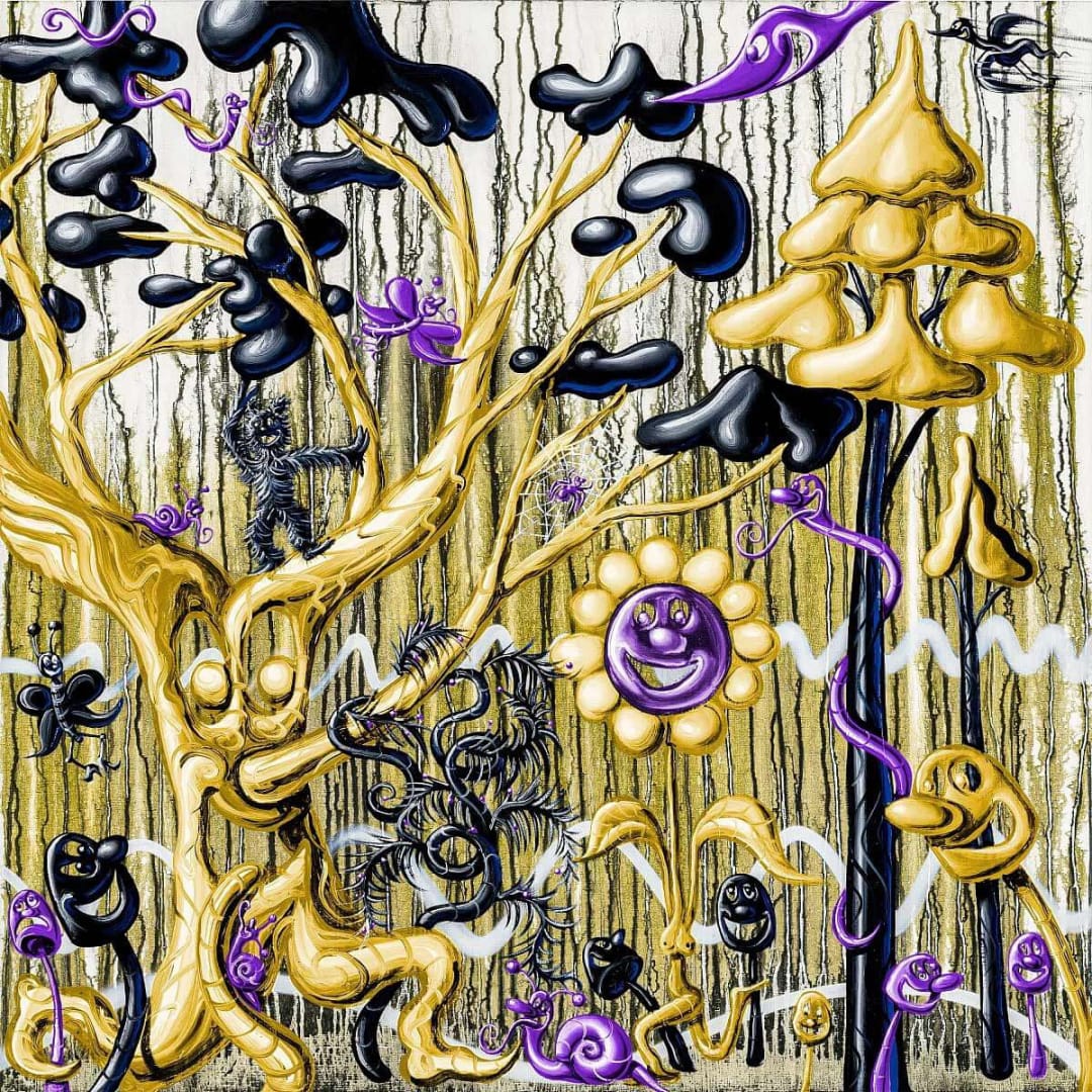 Kenny Scharf Furungle Gold, 2021 Archival pigment ink print with silkscreened high gloss varnish and diamond dust on Innova Etching Cotton Rag 315 gsm fine art paper 42h x 42w in 25 For sale at VFA
