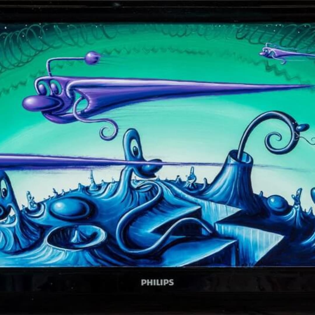 Kenny Scharf PHILIPS TIME TO GO, 2022 Oil on Philips flat screen TV 20 × 30 × 5 inches