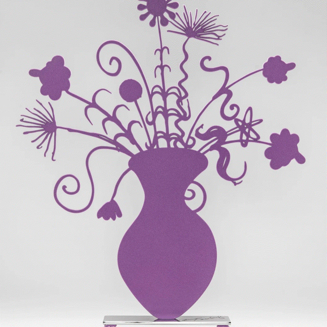 Kenny Scharf Flores (Purple), 2022 Shaped aluminum with black flock mounted to a polished stainless steel base with flocked feet 25 x 21 x 0 3/8 ins 63.5 x 53.34 x 0.97 cm Edition of 15 Available at VFA