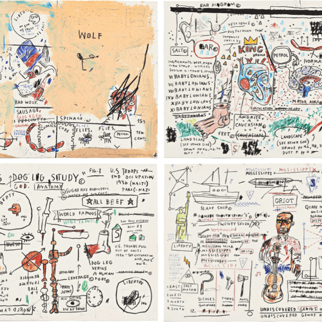 Jean Michel Basquiat Wolf Sausage, King Brand, Dog Leg Study and Undiscovered Genius, 2019 Portfolio of four hand-pulled limited edition screenprints 22h x 30w in 55.88h x 76.20w cm 50 For sale at VFA