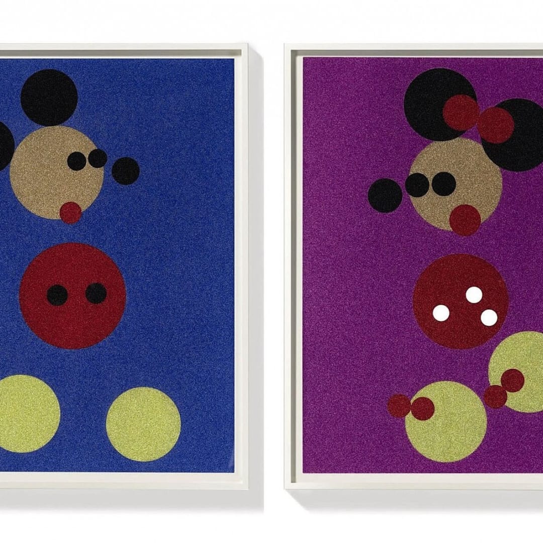 Damien Hirst Minnie (Pink Glitter) & Mickey (Blue Glitter), 2015 Screenprint in colors with glitter on heavy wove paper 34.50h x 27.50w in 150 For sale at VFA