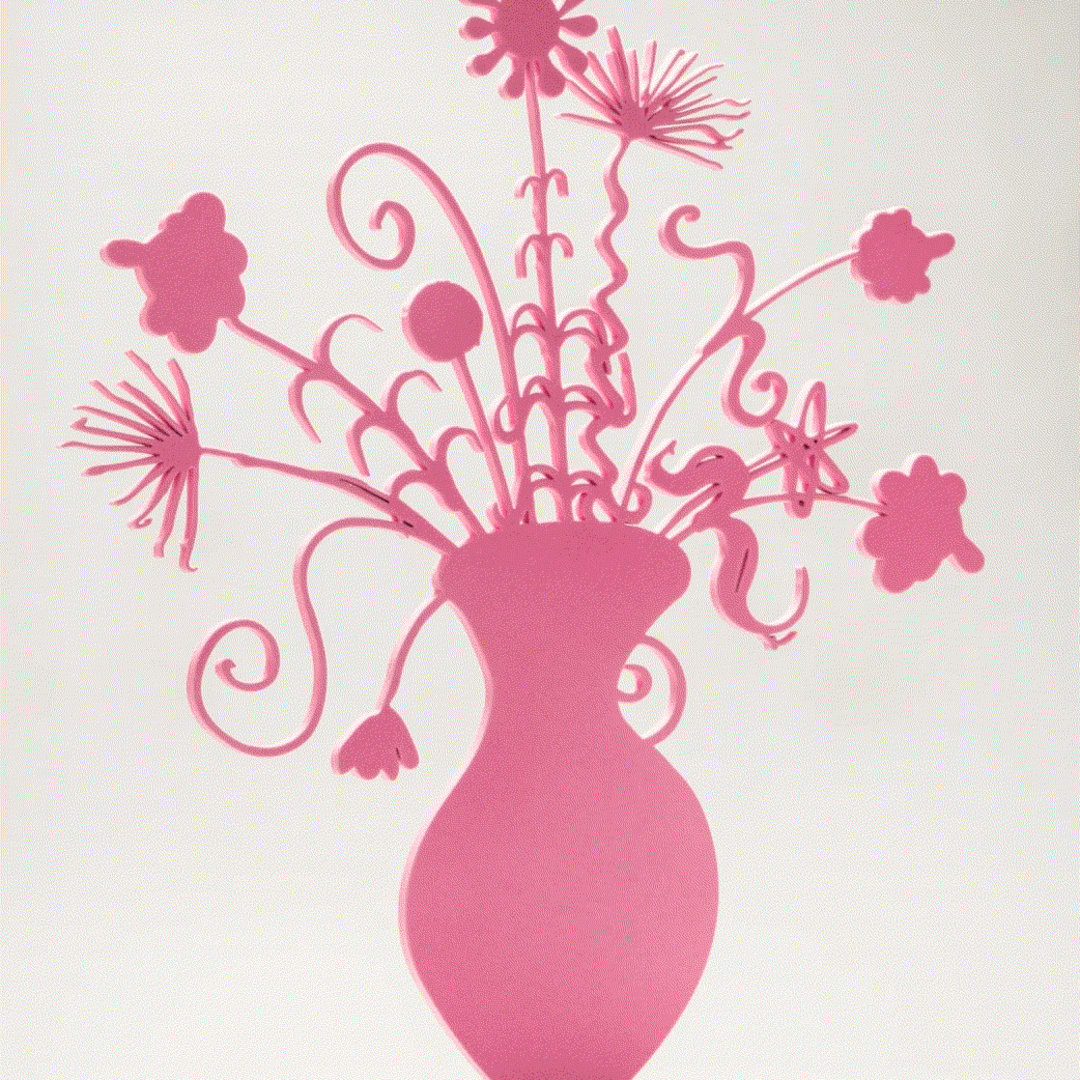 Kenny Scharf FLORES (PINK), 2020 Shaped aluminum with black flock mounted to a polished stainless steel base with flocked feet 25 x 21 x 0 3/8 ins 63.5 x 53.34 x 0.97 cm Available at VFA