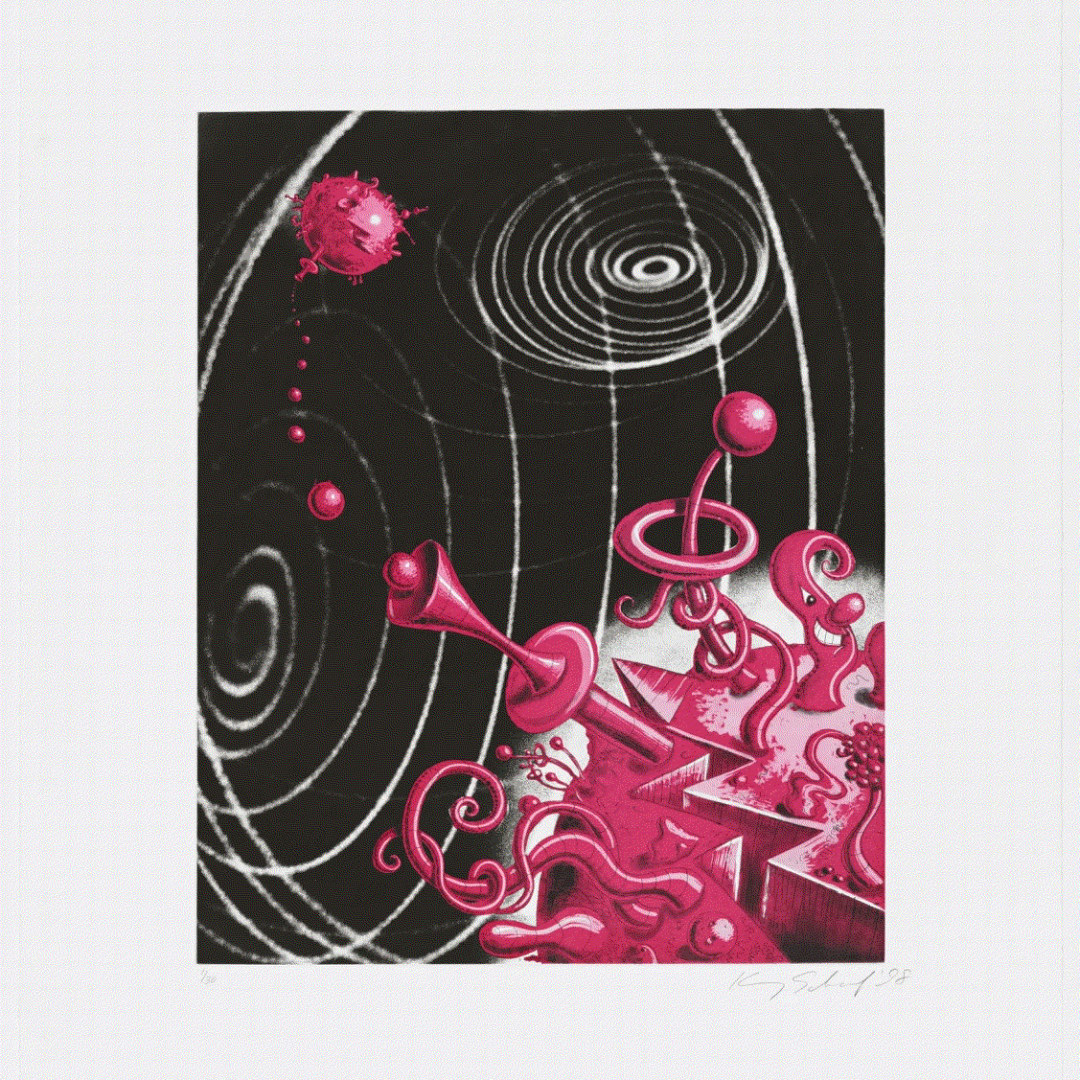 Kenny Scharf Galaxiverse, 1998 Line etching and aquatint 28 1/8 x 23 6/8 ins 71.75 x 60.58 cm Available at VFA