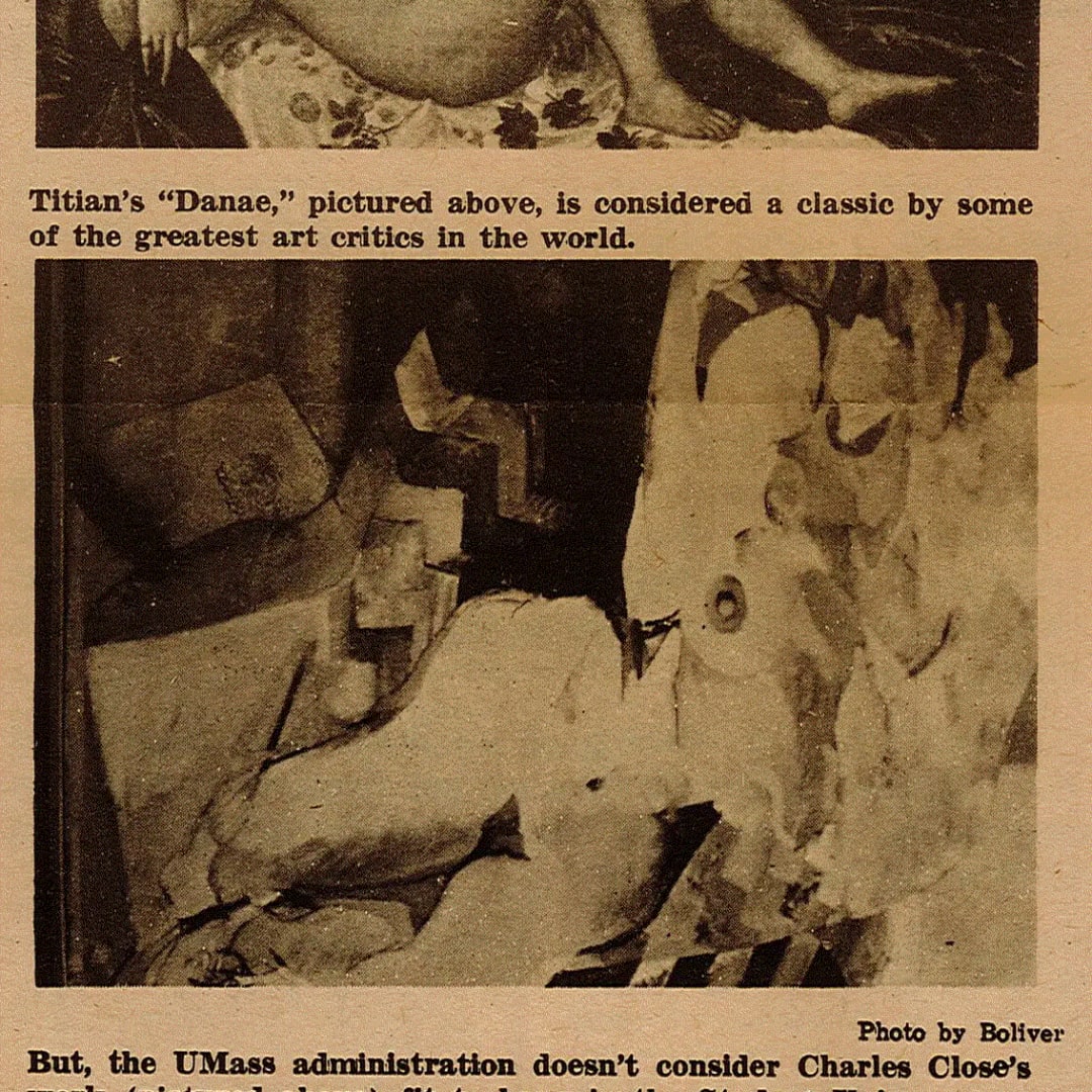 UMass student newspaper with image of Chuck Close's authenticated painting, 1967