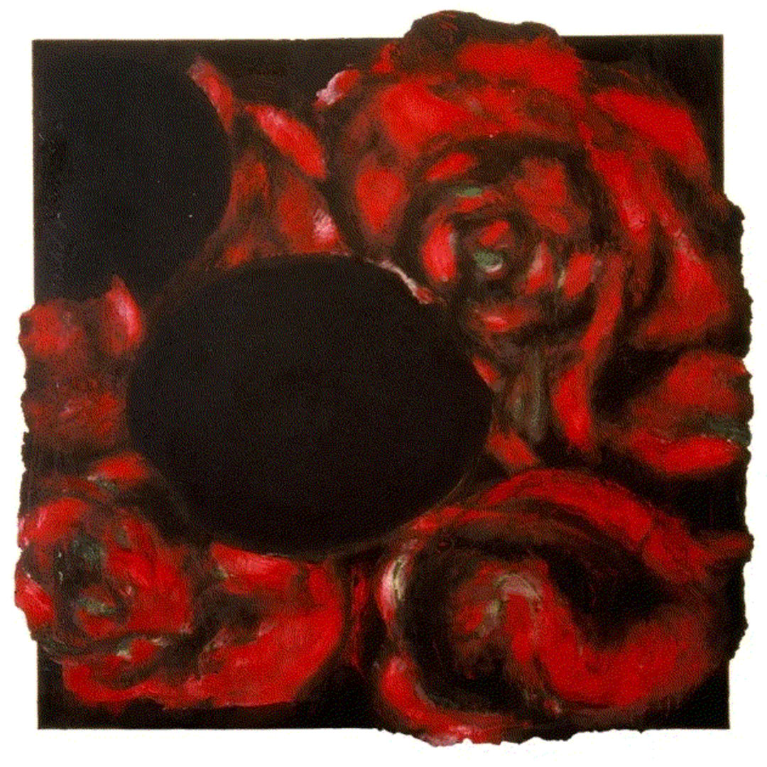 Donald Sultan BLACK EGGS AND ROSES, 2000 Tar, Oil, Spackle on Tile over Masonite 36 x 36 x 5 ins 91.44 x 91.44 x 12.7 cm Available at VFA