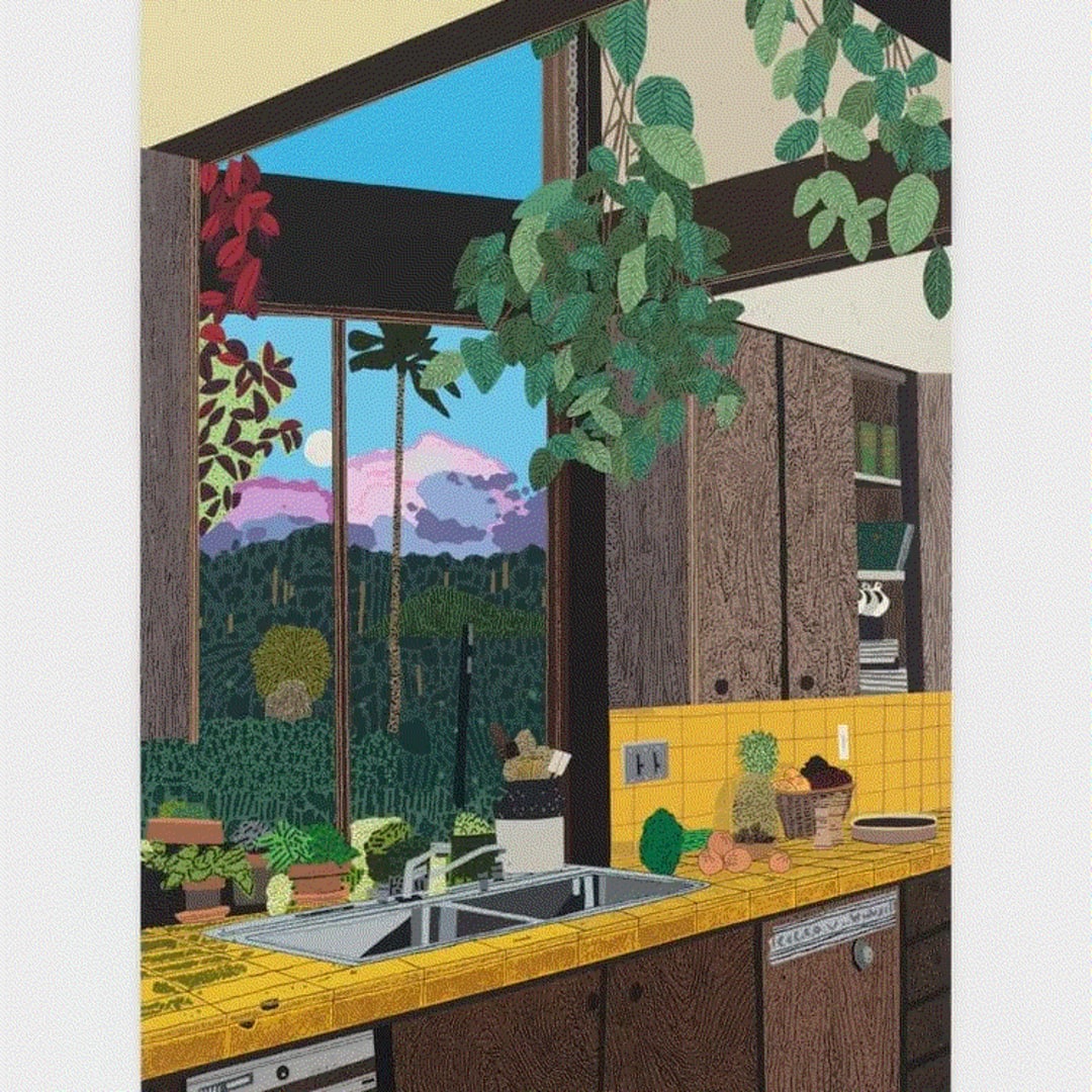 Jonas Wood KITCHEN INTERIOR, 2022 112 color silkscreen on Rising Museum Board 48 1/4 x 31 1/2 in 122.6 x 80 cm Edition of 60 Available at VFA