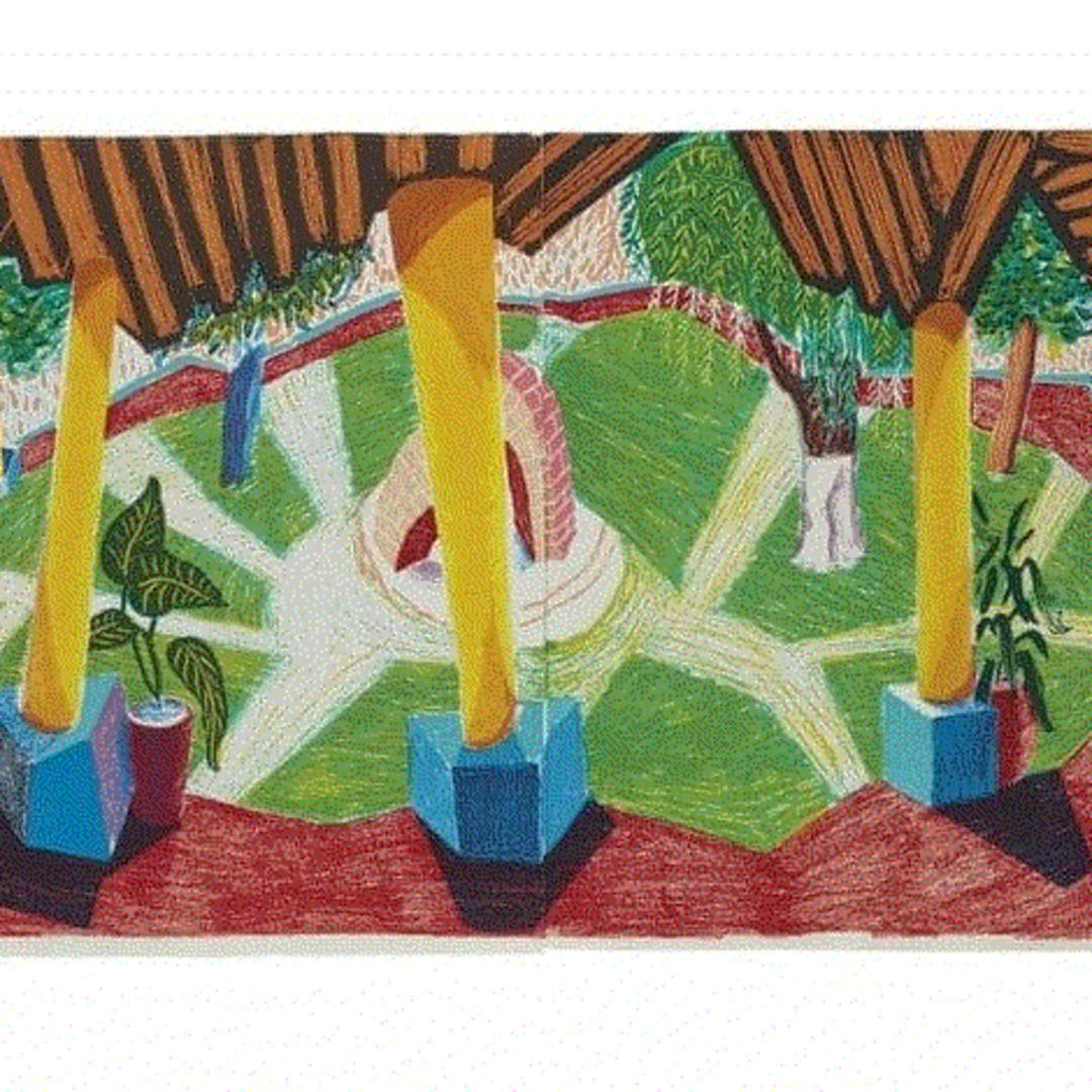 David Hockney HOTEL ACATLAN: TWO WEEKS LATER, FROM; THE MOVING FOCUS SERIES, 1985 Lithograph in colors on two sheets of HMP handmade paper 28 5/8 x 74 ins 72.9 x 187.96 cm Available at VFA