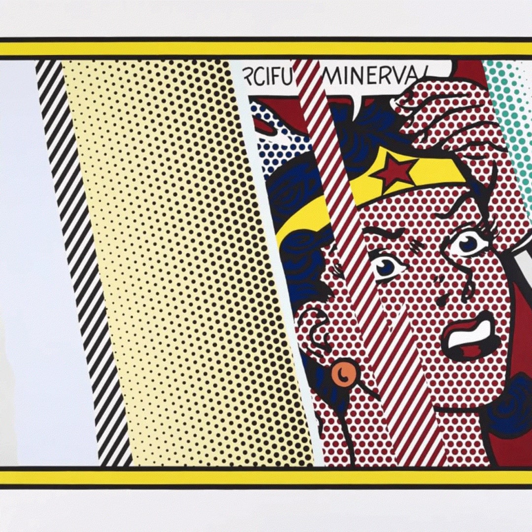 Roy Lichtenstein REFLECTIONS ON MINERVA (C.244), 1990 Lithograph, Screenprint, and 3D collage on paper 42 x 51 3/4 in 106.7 x 131.4 cm Edition of 64/68 Available at VFA