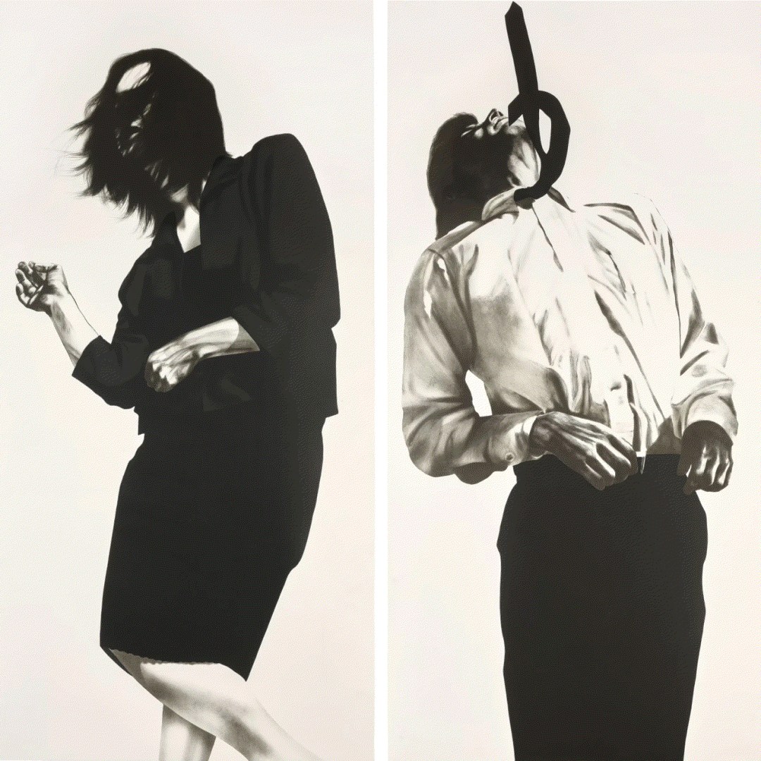 Robert Longo GRETCHEN AND ERIC FROM MEN IN THE CITIES, 1985 Two lithographs in three black colors on Arches 350g rag paper 71 5/8 x 35 7/8 in 182 x 91 cm Edition of 48 Available at VFA