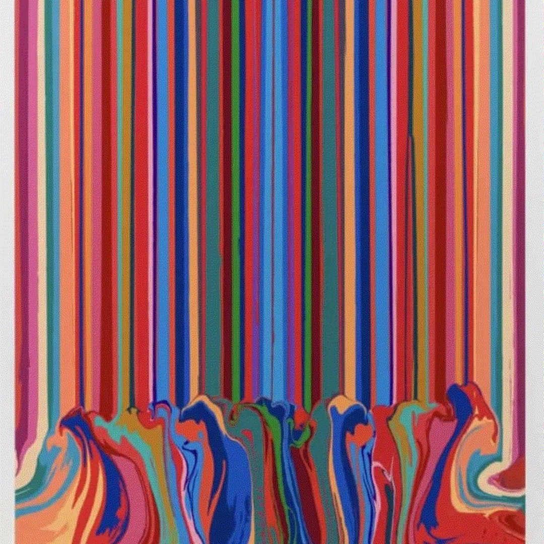 Ian Davenport MIRRORED ENAMEL, 2022 Gloss Enamel Screenprint in 39 Colors on Somerset Tub signed satin 600 gsm paper 41 5/8 x 33 1/4 in 105.7 x 84.5 cm Edition of 40 Available at VFA