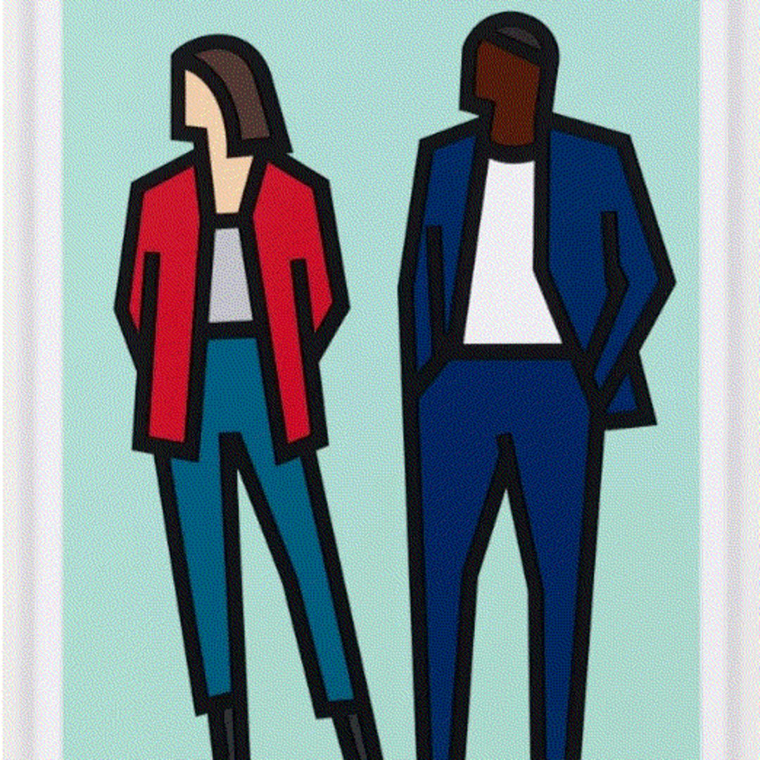 Julian Opie Standing Couples, 2024 Signed on the verso A series of six reliefs with collage on archival Museum Boards, presented in sprayed white frames specified by the artist 100 x 75 1/2 x 29 3/4 in 254 x 191.8 x 75.6 cm Edition of 50 Available at VFA