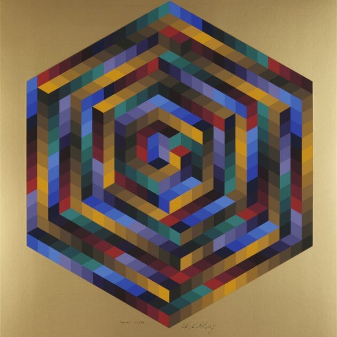 Victor Vasarely La-Mi, from Bach suite, 1973 Screenprint in colors on gold colored paper, 29.5 X 24 in One of the works displayed at the tribute to Victor Vasarely at the French Institute in Budapest.