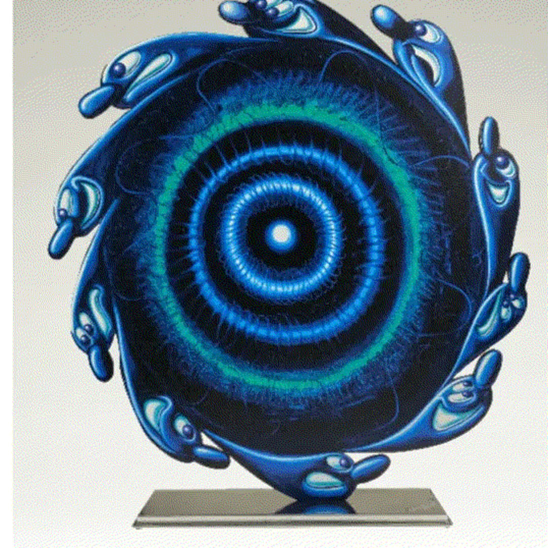 Kenny Scharf STARGET SCULPTURE, 2022 cutout from shaped powder coated aluminum, printed the same on each side with UV coated archival inks, clear coated and mounted to an Aluminum base 24 x 23 in Edition of 30 Available at VFA