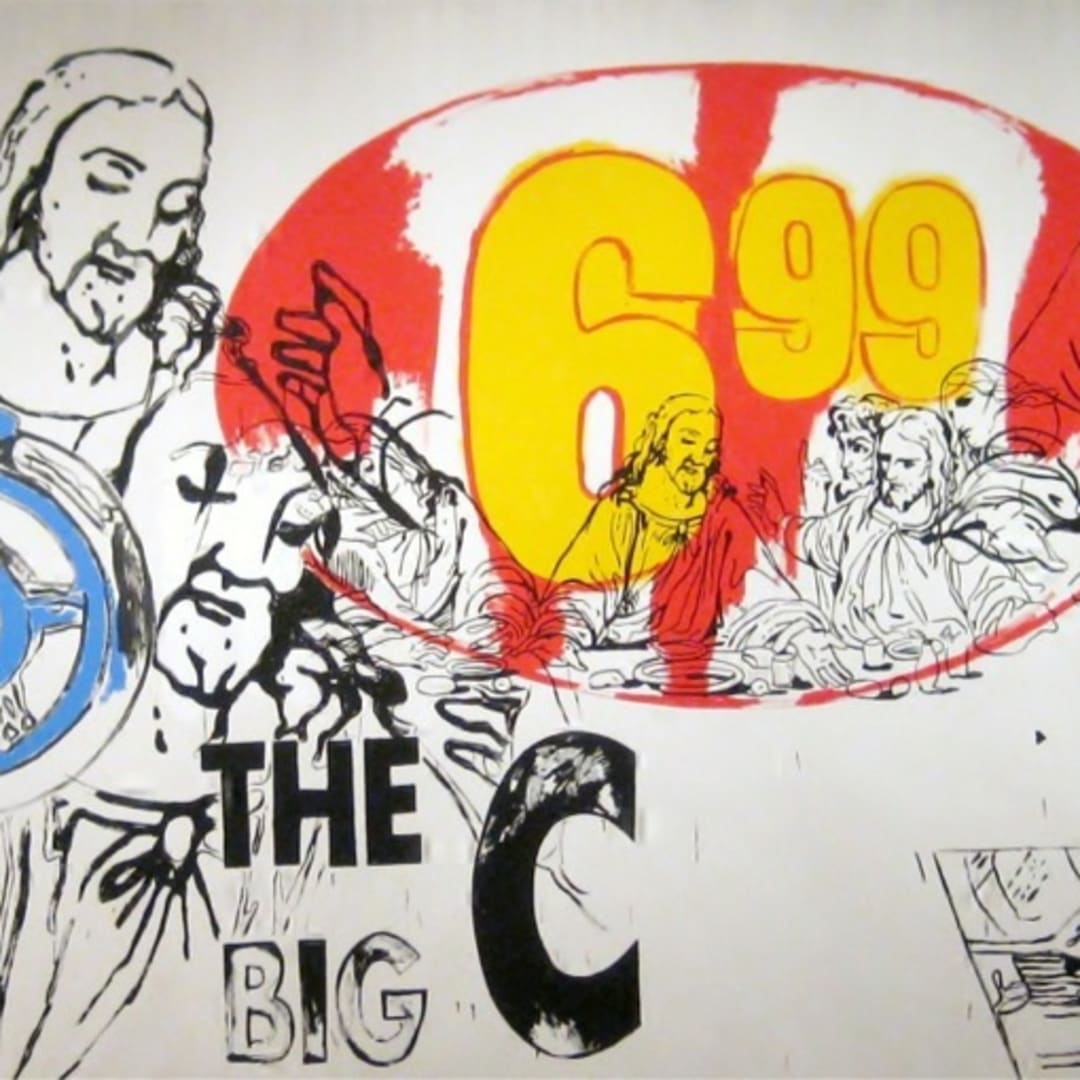 Andy Warhol The Last Supper (The Big C), c. 1986 Acrylic and silkscreen ink on linen, approx. 10′ X 32′