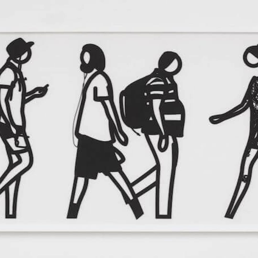 Julian Opie, 2018 Walking in Melbourne 6 2018 Laser cut Museum board relief prints, presented in sprayed white frames specified by the artist 25 x 62 inches Edition of 45 For sale at VFA