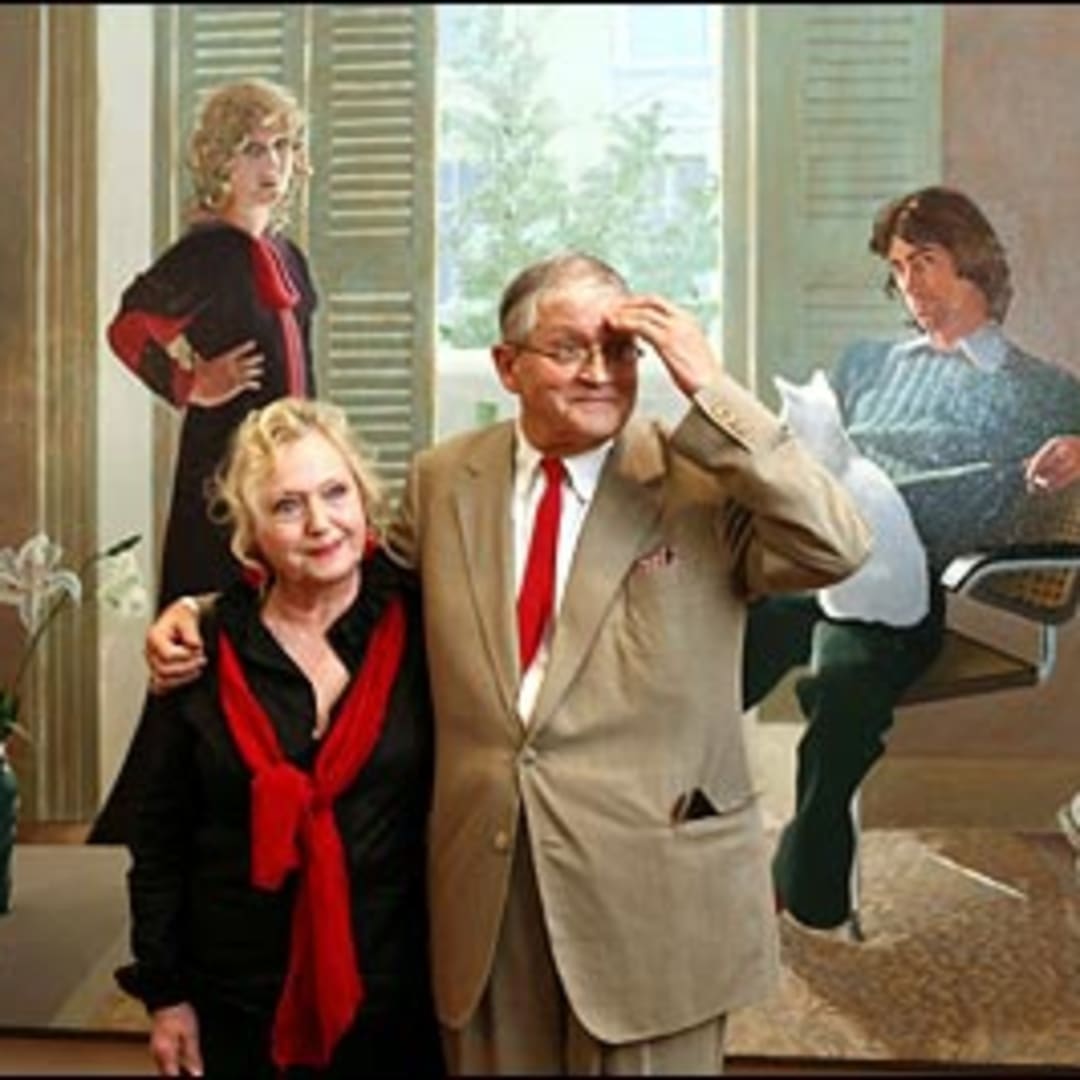 David Hockney with Celia Birtwell in front of his 1971 painting of her, Mr and Mrs Clark and Percy. Photograph: Steve Parsons/PA