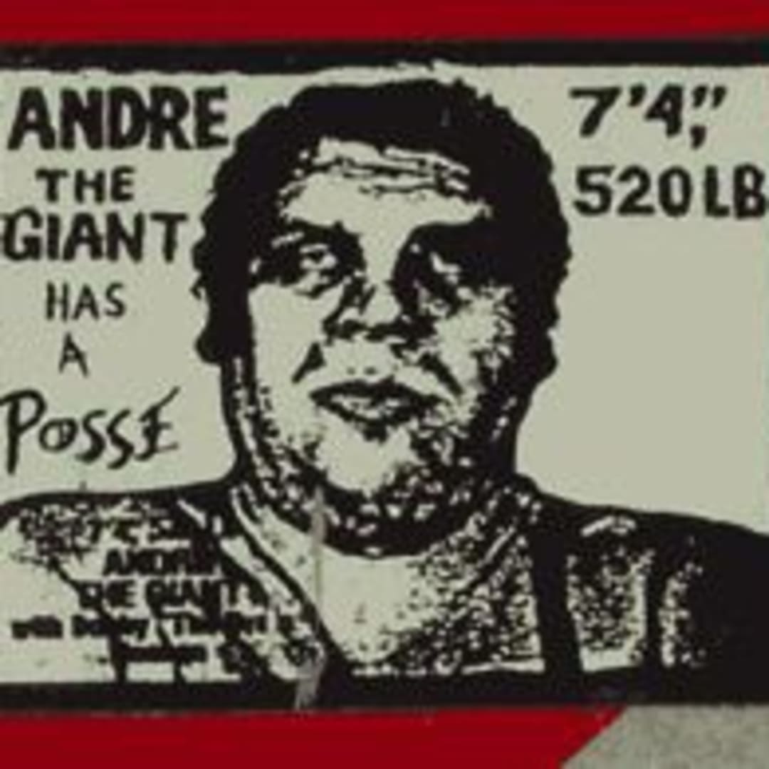 "André the Giant has a Posse" sticker on a stop sign