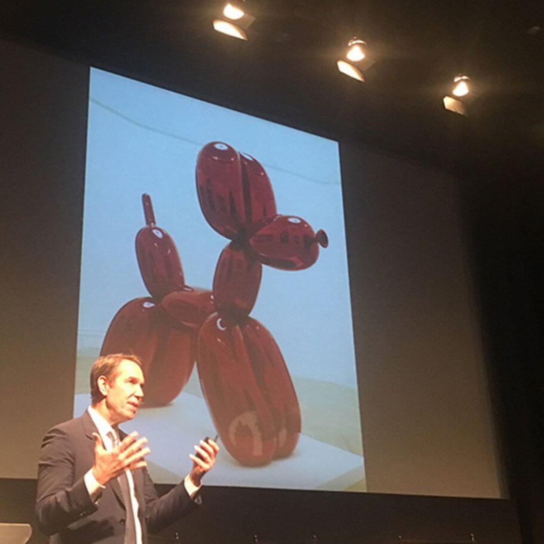 Jeff Koons speaking at the 50th annual David Rockefeller Lecture Series in New York, June 5, 2018