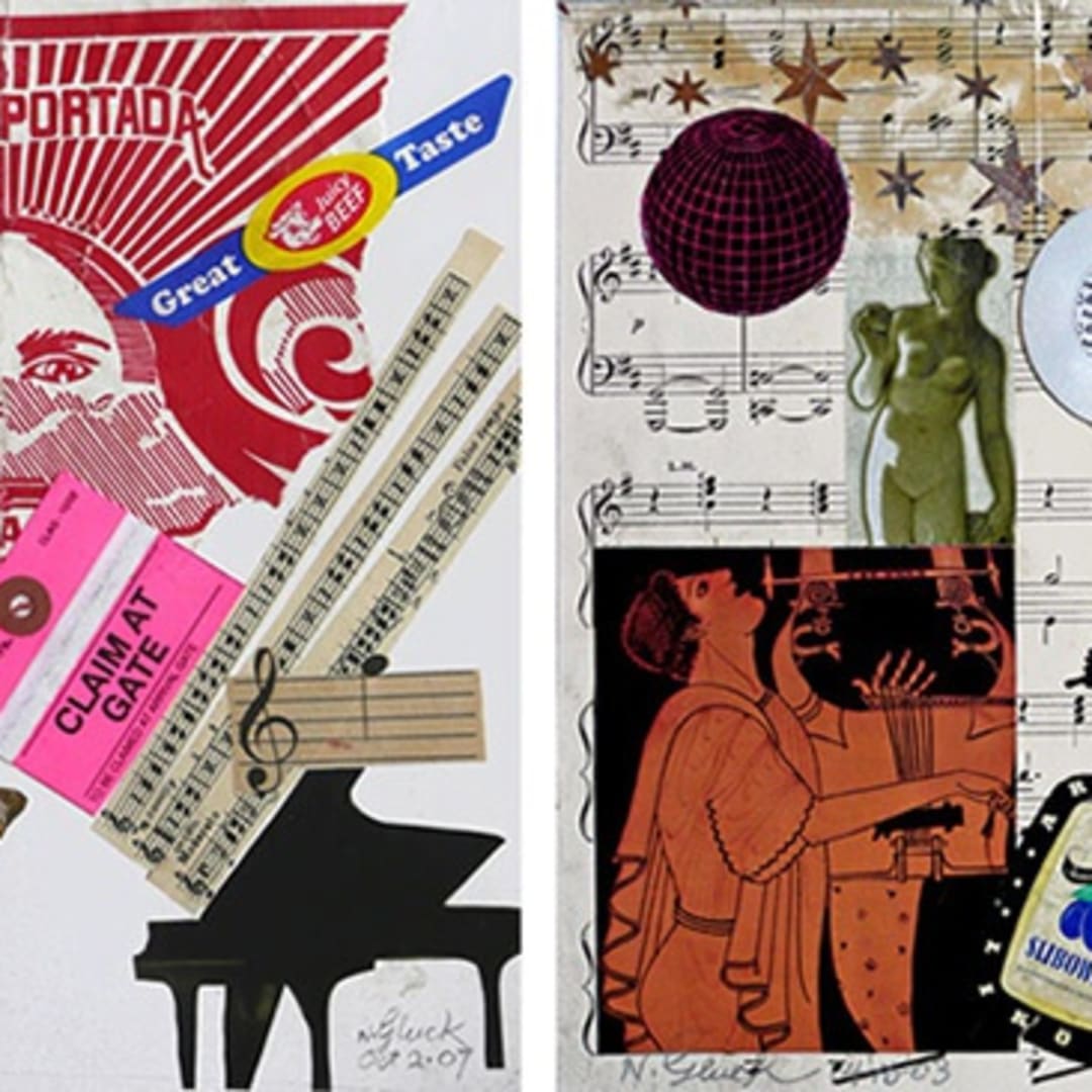 Collages by Nathan Gluck (from left): Claim at Gate, collage on paper, 2007; Slibowitz Seranade, collage on paper, 2003.