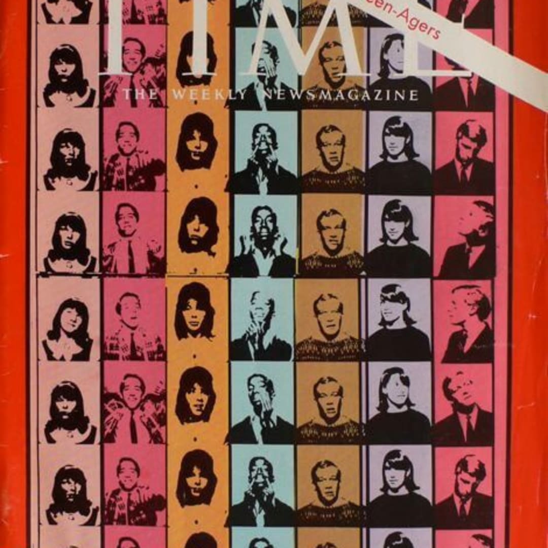 Jan 29, 1965 Warhol TIME magazine cover. The images are photo booth portraits of seven teenagers related to TIME magazine staffers