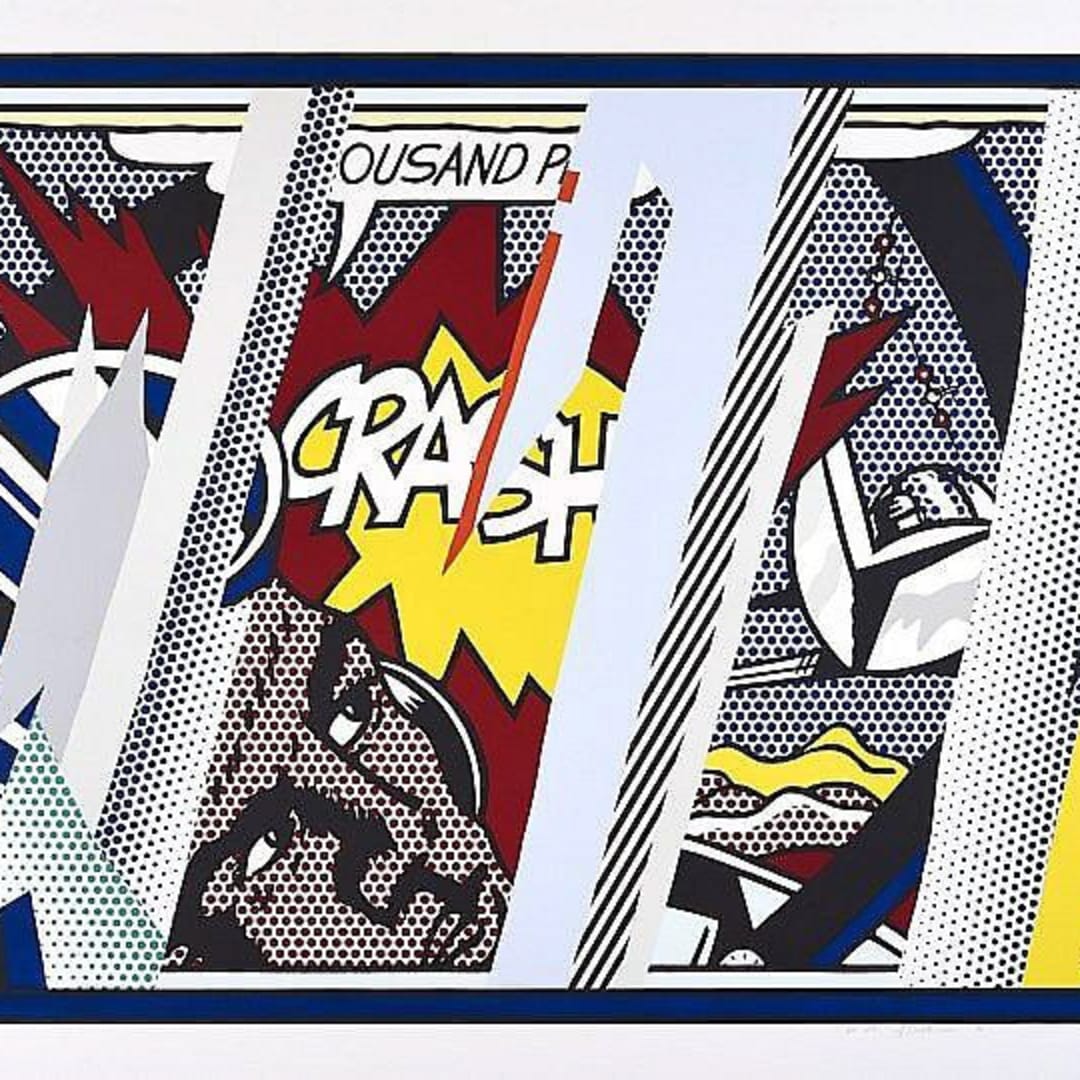 Roy Lichtenstein Reflections on Crash 1990 Lithograph, screenprint and relief in colors with collage and embossing 53h x 69w in 134.62h x 175.26w cm 68 For sale at VFA