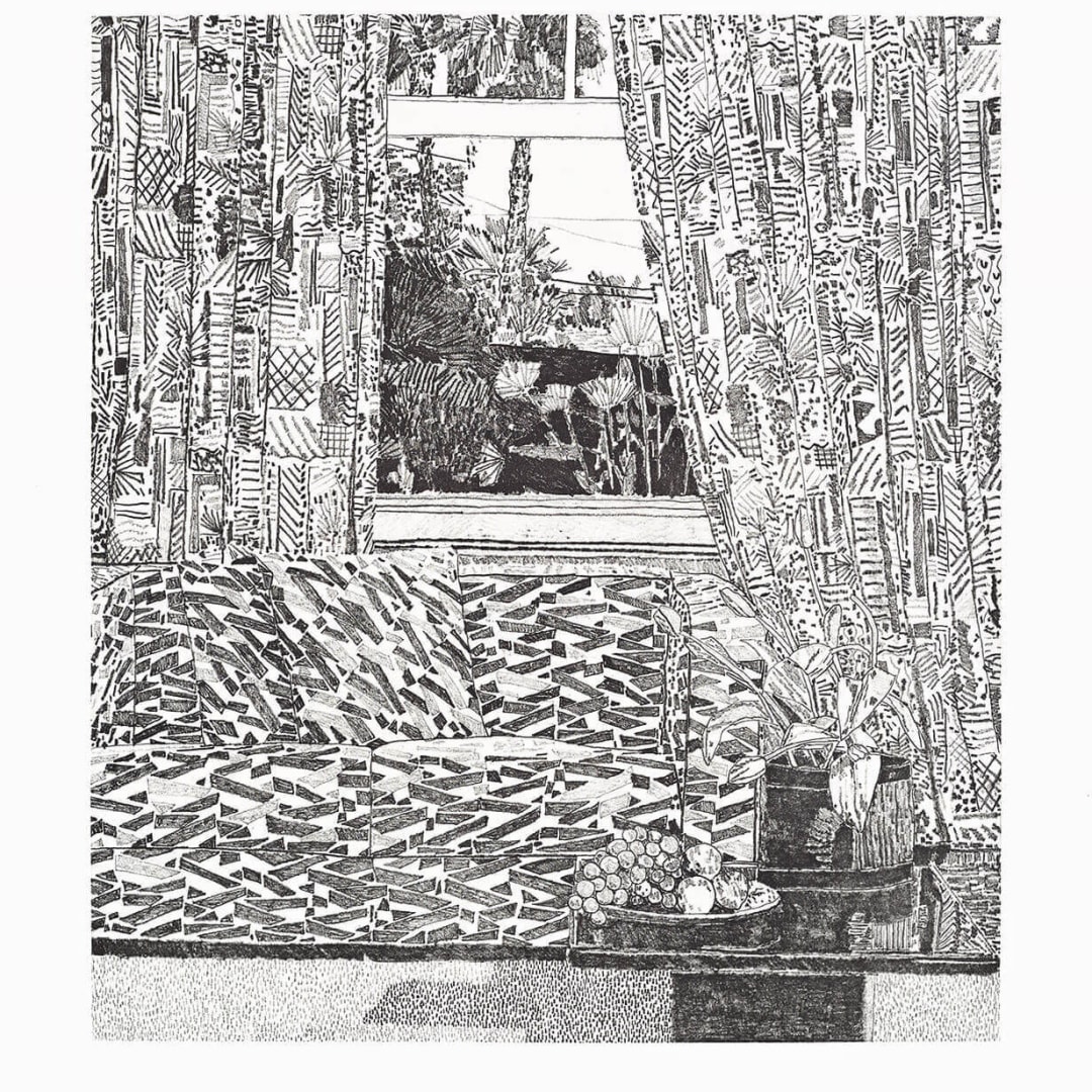 Jonas Wood Pattern couch Interior with Mar Vista View, 2020 Softground etching 29h x 25.50w in 35 For sale at VFA