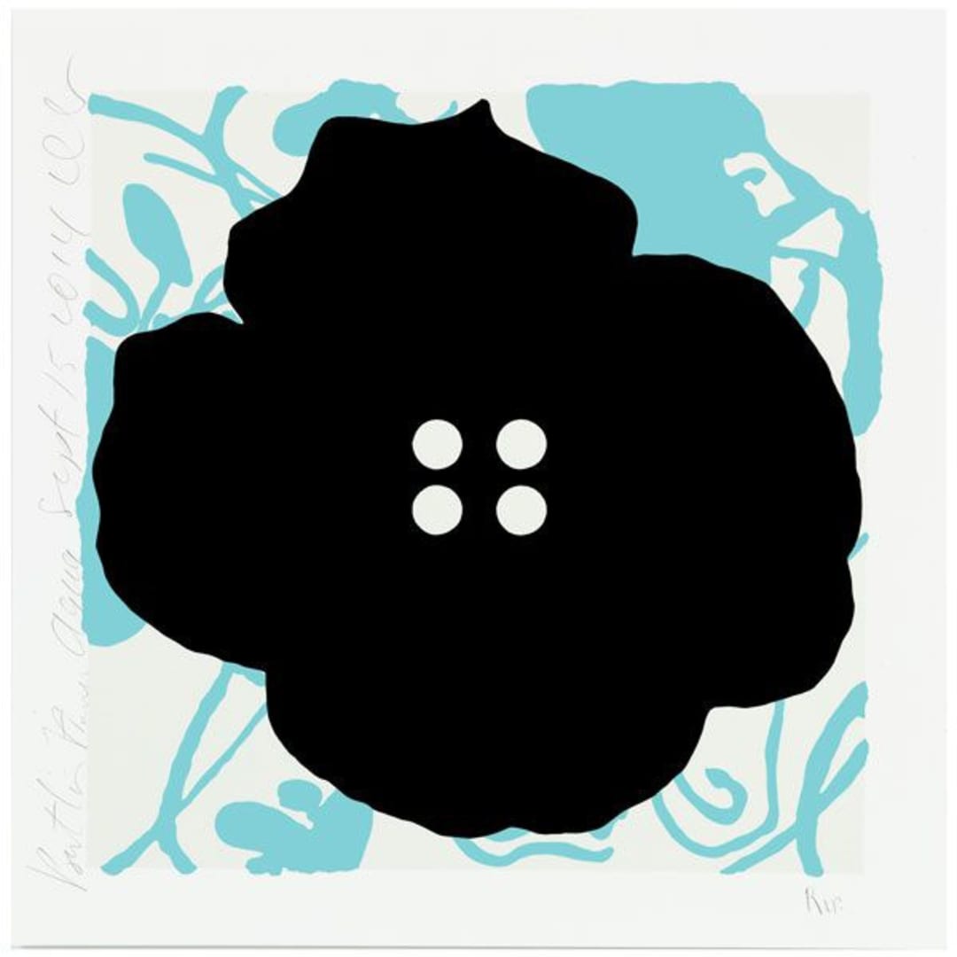 Donald Sultan Button Flowers-Aqua, 2014 Black flock on color silkscreen on 2-ply museum board 30h X 30w in. Edition of 30