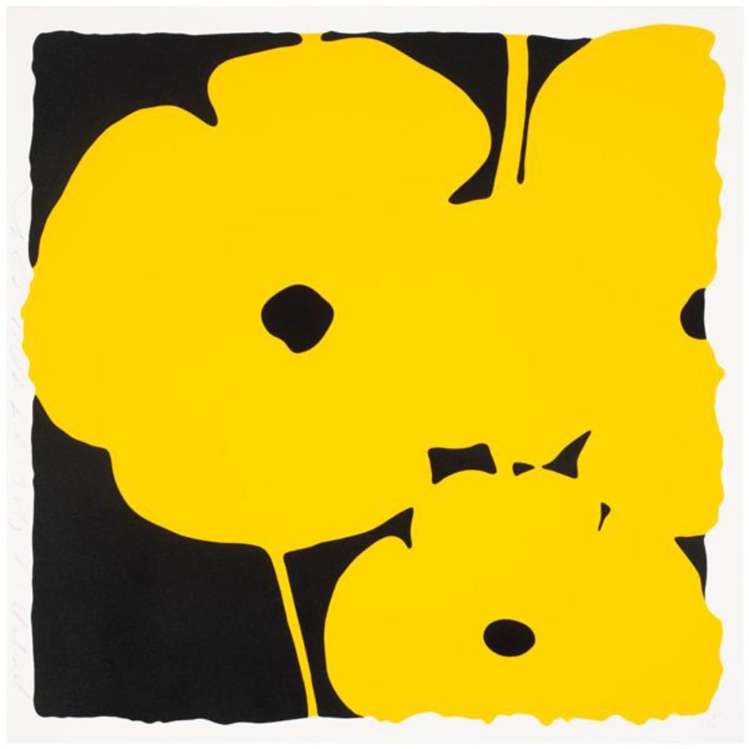 Available at VFA: Donald Sultan Big Poppies-Yellow, 2014 Color silkscreen with flock and tar-like texture on 4-ply museum board 59h X 59w in. Edition of 30