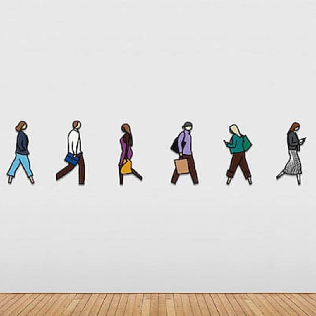 Julian Opie Old Street, 2020 A series of eight wall mounted acrylic reliefs Stripes 26.5 x12.75, Bag 26.25 x 10.5, Culottes 26.75 x 12.12, Turnups 25.62 x 12.36, Folder 27.25 x 12.32, Two Bags 26.12 x 14.12, Man Bun 26.62 x 12.25, Headphones 27.25 x 12.36, Edition of 20 For sale at VFA