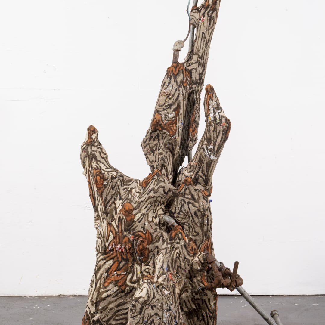 Hannah Chalew, Tangled Bank, 2023, metal, paper made from sugarcane combined with shredded disposable plastic waste (“plasticane”), iron oak gall...