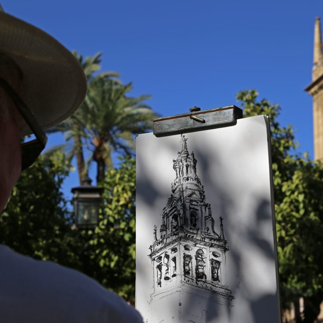 Gerard Byrne sketching plein air Patio de Naranjos, Cordoba Mosque Cathedral, Spain
