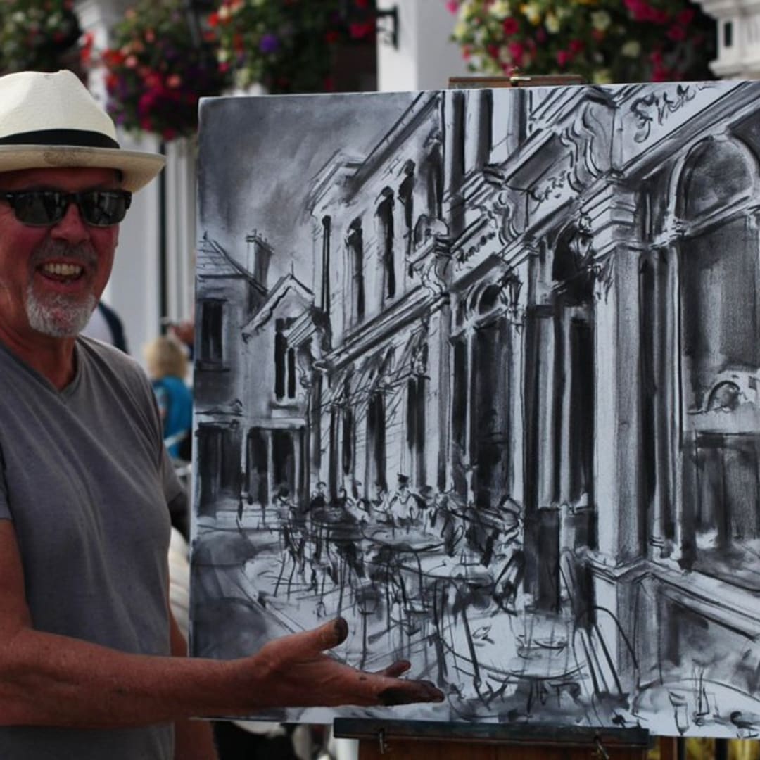 Gerard Byrne painting plein air Finnegans Pub, Dalkey, photo Colm Murphy