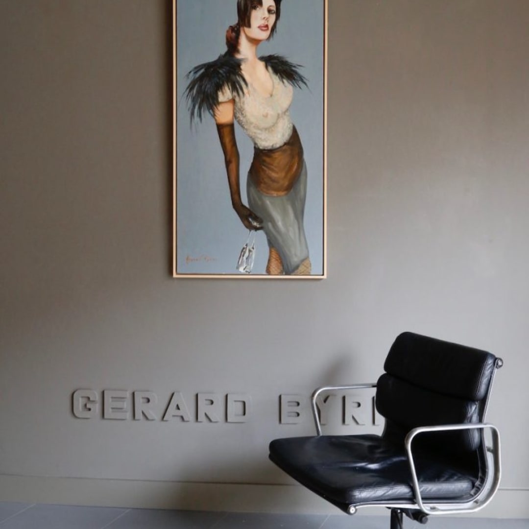 1 Gerard Byrne 'Champagne for Two?' oil on canvas 65x122cm (framed)