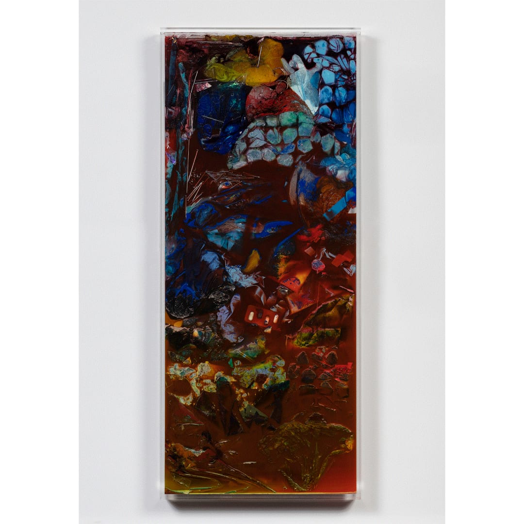 Samara Scott Untitled, 2019 Plexiglass, water, pigment, stainless steel nails, plastic, ice-cube bags, fabric conditioner, oil, mixed media 100 x 43 x 5 cm
