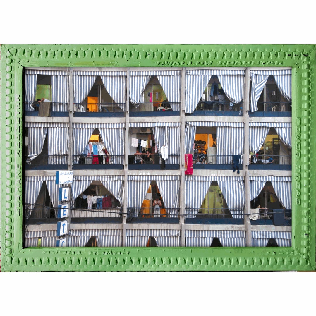 Hassan Hajjaj, Beirut Curtains, 2010, Metallic Lambda on 3mm dibond Frame: Wood, tyre painted sage green and perspex, 84.7 x 61 cm (framed), Edition of 5, 2AP