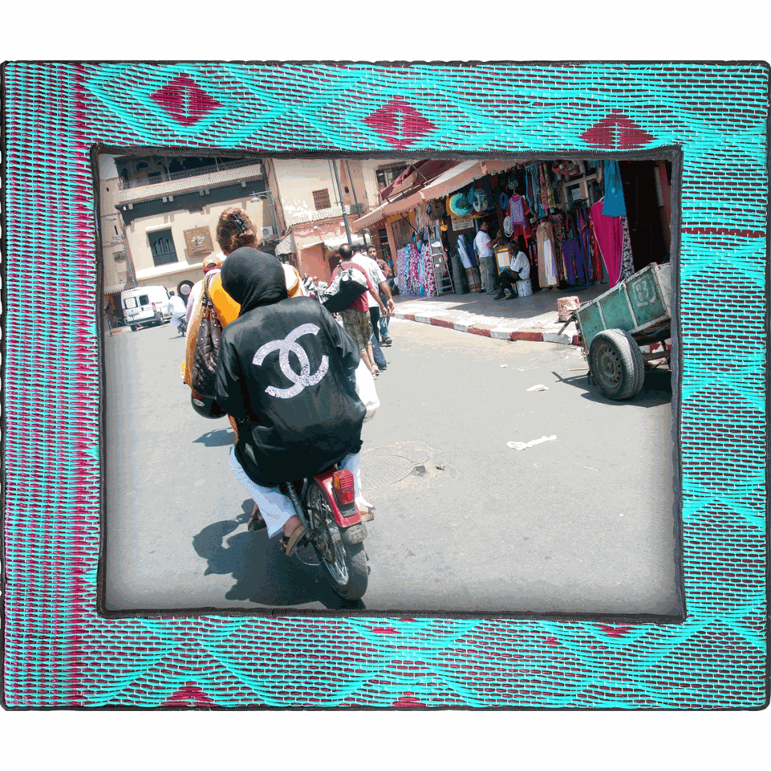 Hassan Hajjaj, Chanel Back, 2010, Metallic Lambda on 3mm dibond Frame: Wood, tyre, plastic mat (Red diamonds on turquoise background, Moroccan) and perspex, 64 x 54 cm (framed), Edition of 5, 2AP