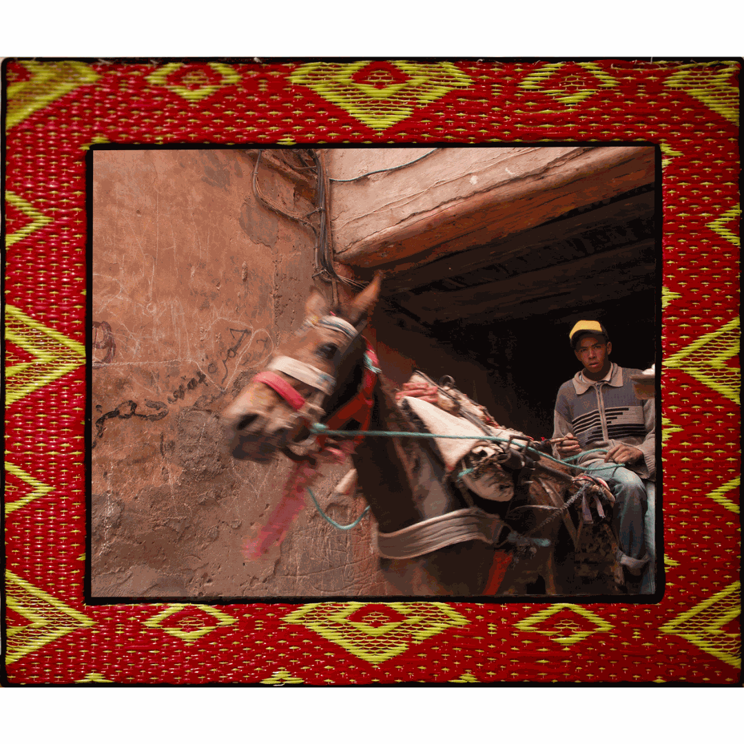 Hassan Hajjaj, Marrakesh Hmar Rider, 2010, Metallic Lambda on 3mm dibond Frame: Wood, tyre, plastic mat (lime green diamonds on red background, Moroccan) and perspex, 63.7 x 54 cm (framed), Edition of 5, 2 AP