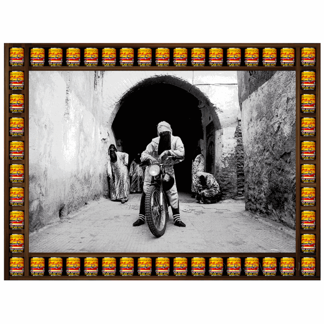 Hassan Hajjaj, Henna Crew, 2010, Metallic Lambda on 3mm dibond. Frame Walnut with 48 x Medium car paint tins, 76.20 x 111.80 cm