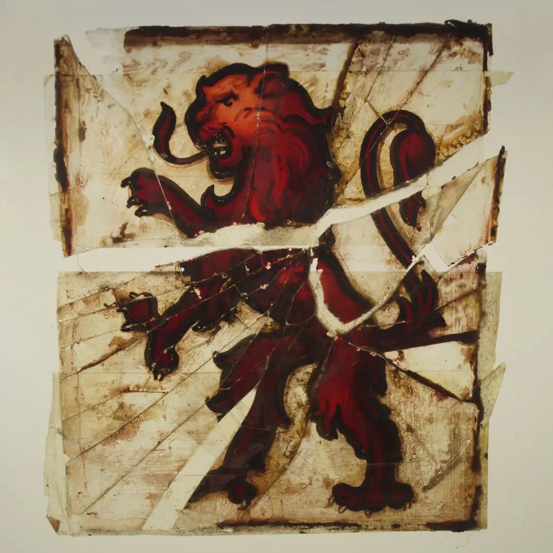 Sophia Al-Maria and Lydia Ourahmane, Lionheart 2016–2024, A heraldic, hand-painted lion rampant shattered in stained glass