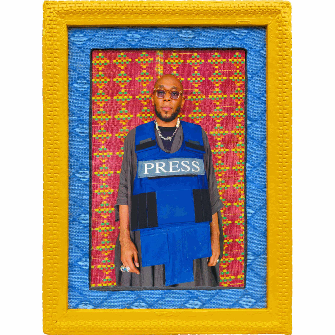 Hassan Hajjaj, Y B 4 Press heroes in Gaza, 2023 / 1445, Metallic Lambda on 3mm dibond, Frame: Tyre painted yellow, wood & perspex, 48 x 73 cm, Framed: 74 x 99 x D:5 cm, Edition 1 of 7, 2 AP