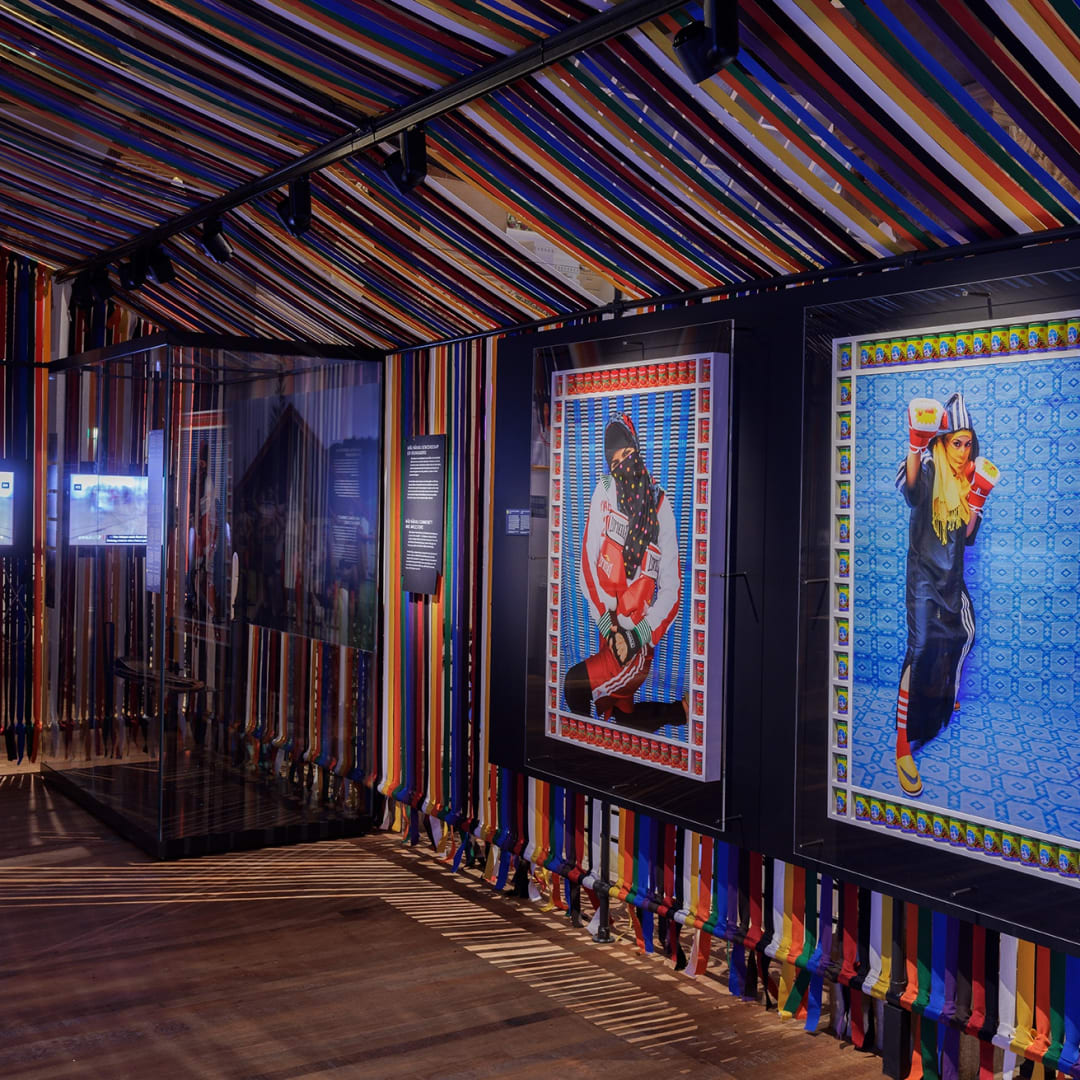 Installation view, Hassan Hajjaj, Martial Arts, 2024, Wereldmuseum Amsterdam. Photographer Aad Hoogendoorn