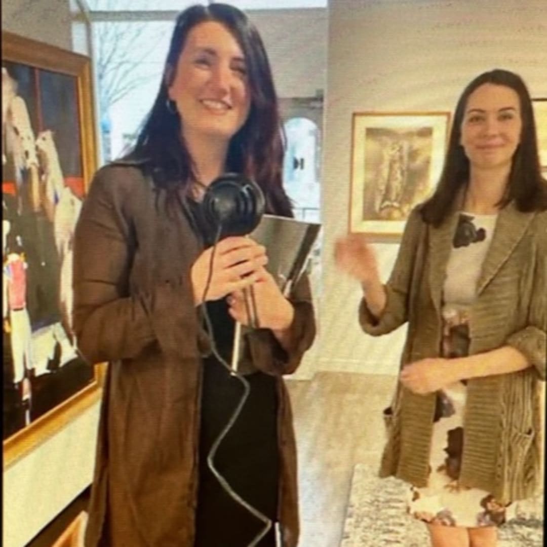 Karin Clarke and Jordan Stanaway during a Facebook Live exhibit tour, 2021.