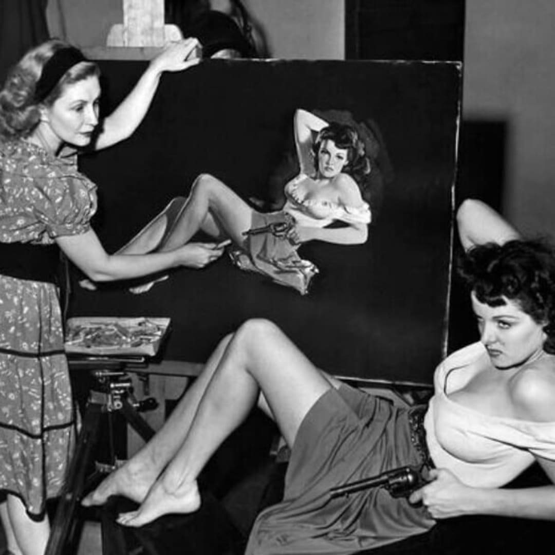 Zoe Mozert painting actress Jane Russell. Mozert also used herself as a pinup model.