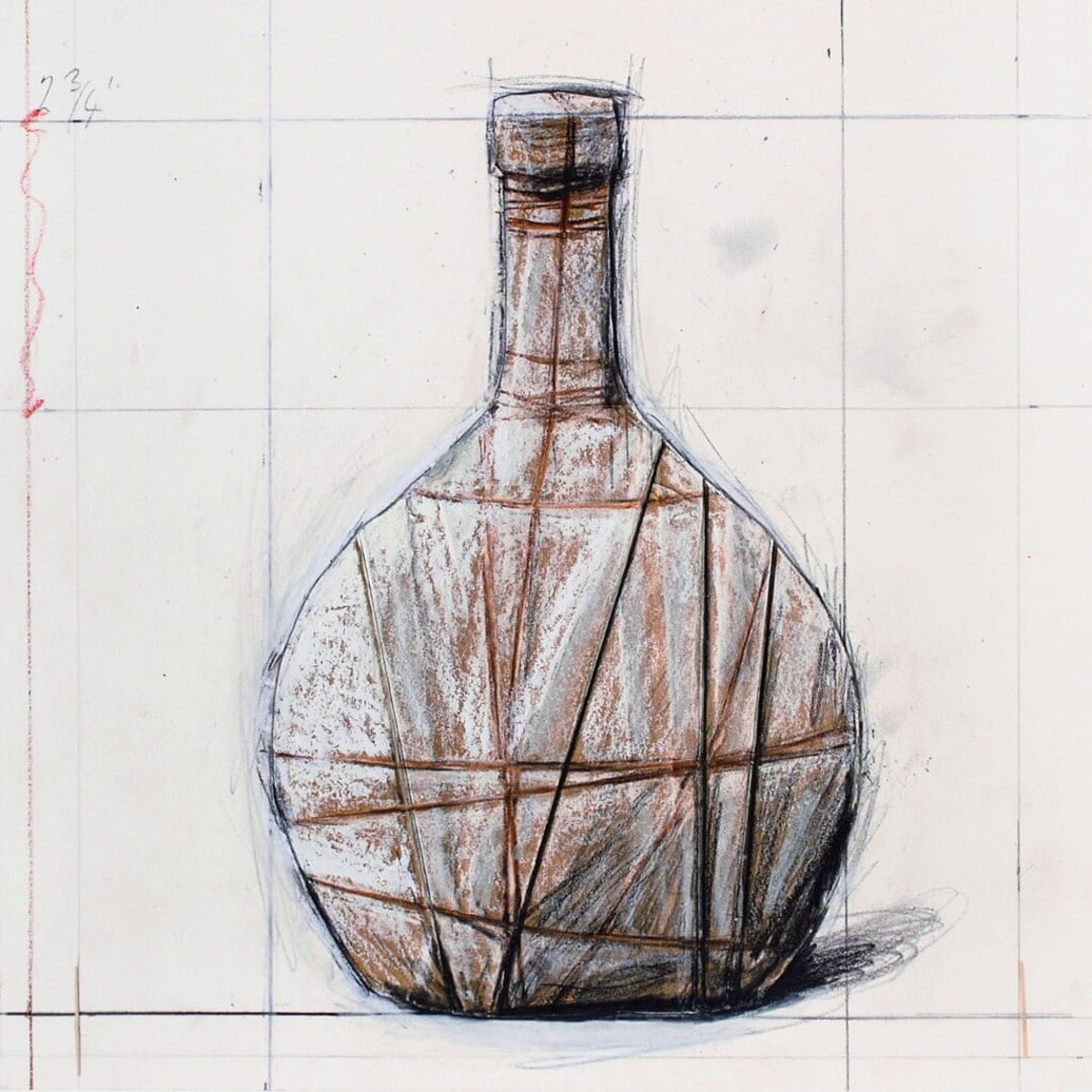 Christo Wrapped Bottle, 2001/2007 Collaged paper with digital pigment print and hand-made crayon additions. 12.50 x 10.50 in Edition of 120
