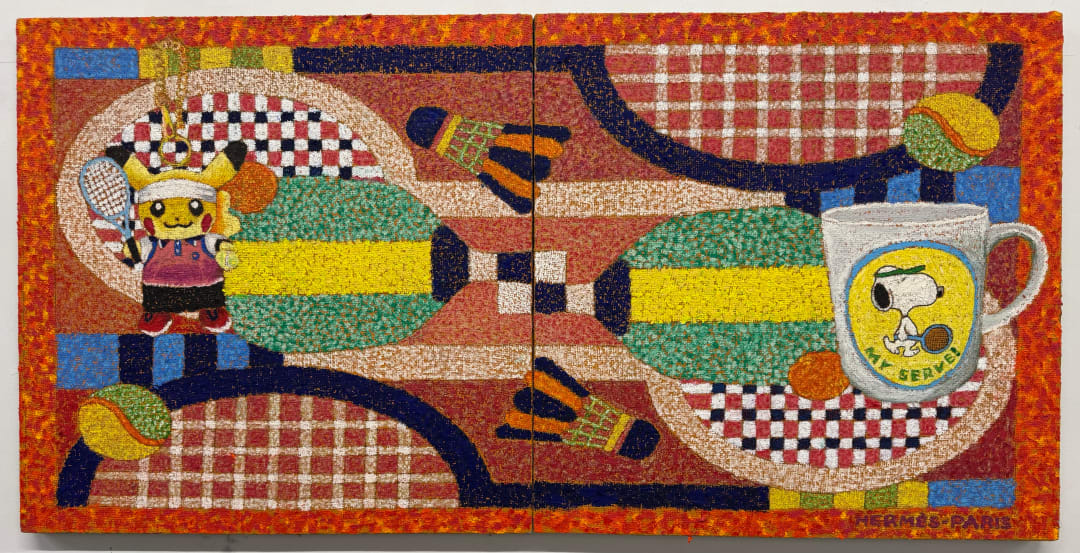 JJ Manford My Serve, 2025 oil stick, oil pastel, & Flashe on burlap over panel 2 panels, 24 x 24 inches each 24 x 48 inches total