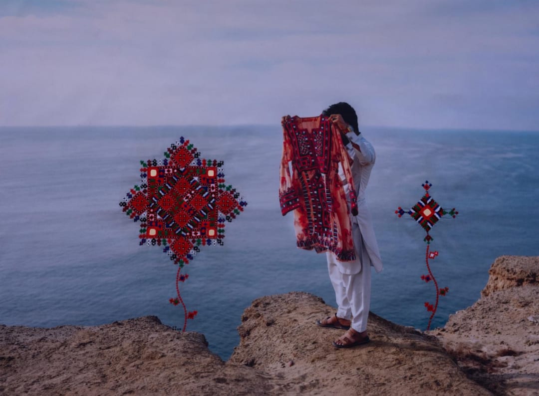 Maryam Firuzi From the series "Women in Mirrors", 2025 Embroidery over photography American wooden box 52 x 68 cm Edition 1/1 +1 AP