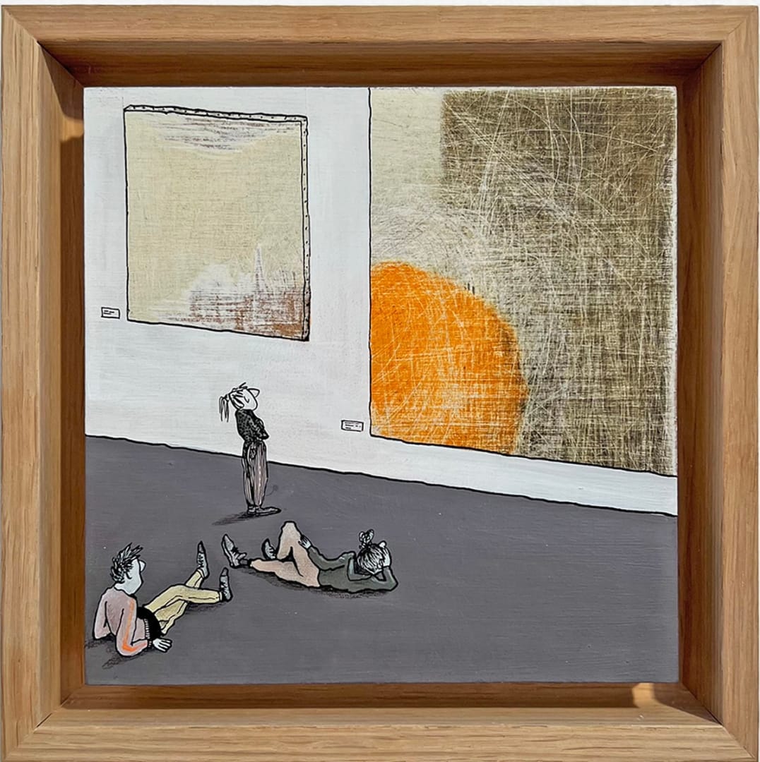 Ella & Pitr Au musée, 2024 acrylique et encre sur bois 15 x 15 cm