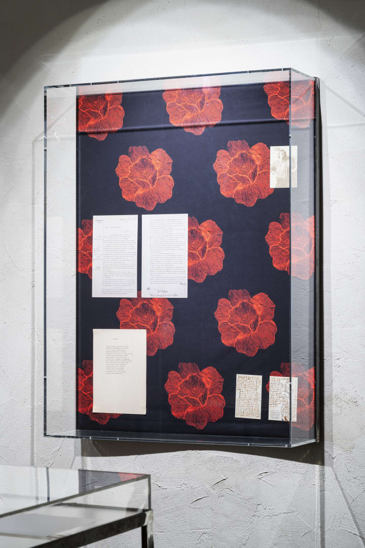 Sitara Abuzar Ghaznawi Showcase (Flower 2), 2020 Laserprint on cotton, facsimiles from Emmy Hennings archives, plexiglass and steel 120 x 100 cm 47 1/4 x 39 3/8 in