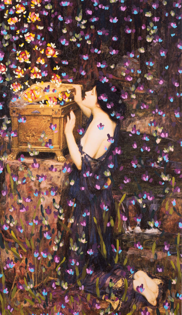 Michael De Feo Untitled (Pandora by John William Waterhouse, 1896), 2018 Acrylic and giclée on paper. 29 x 16 1/2 in 73.7 x 41.9 cm