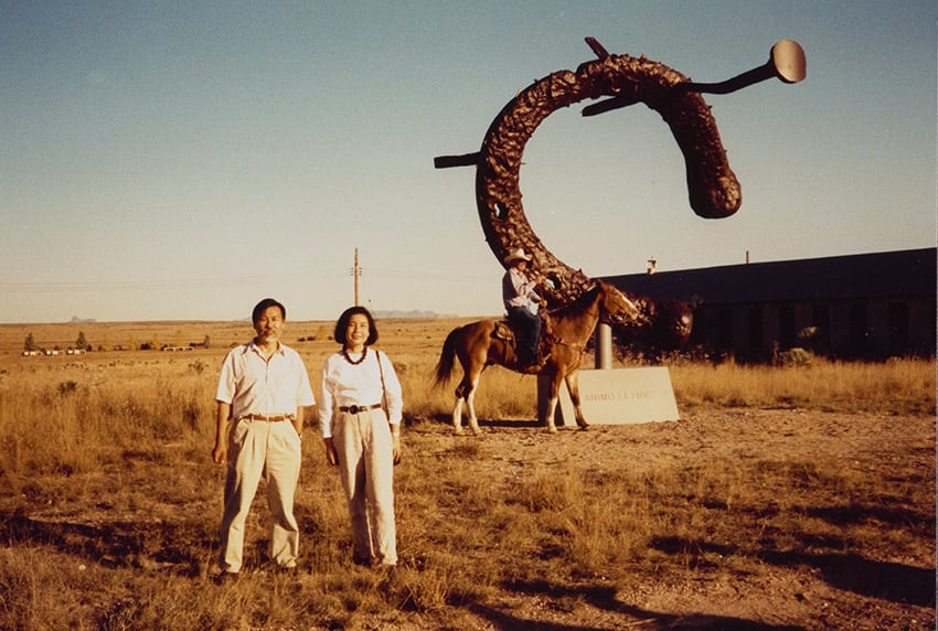 Tadaaki Kuwayama and Rakuko Naito at the Chianti Foundation, Marfa, Texas, with Claes Oldenburg and Coosje van Bruggen’s Monument to the Last Horse (1991), 1991. Photographer unknown. Tadaaki Kuwayama Papers. Archives of American Art, Smithsonian Institution.